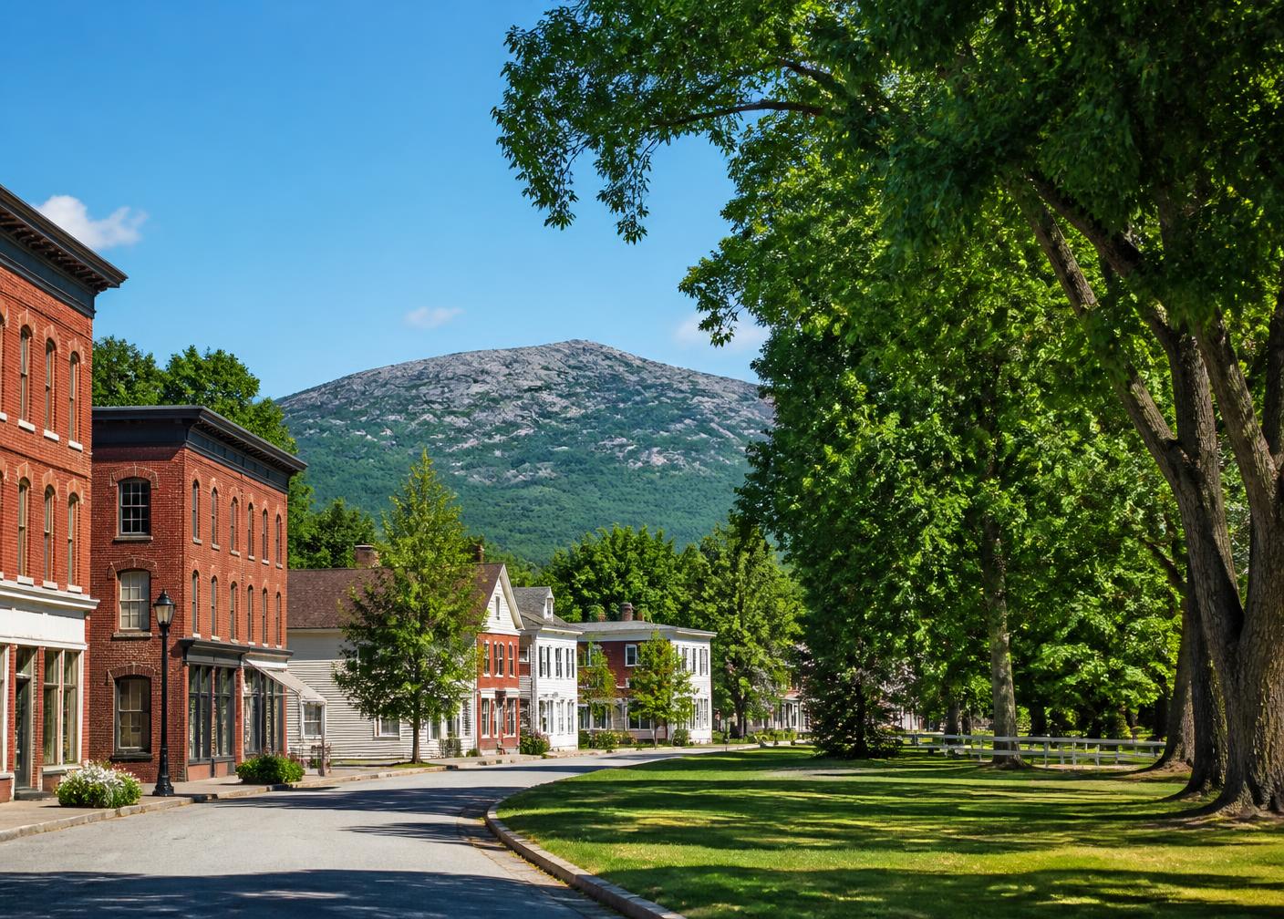 Brick main street buildings and a shaded town common with Mount Monadnock rising behind